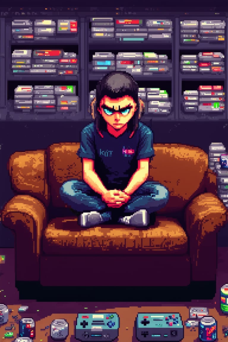 A pixelated art character gamer sits cross-legged on a worn-out couch, surrounded by stacks of video game manuals and empty energy drink cans. Flickering fluorescent lighting casts an eerie glow on their determined face, eyes fixed intently on the retro gaming console in front of them. A messy room with scattered controllers and consoles fills the background.