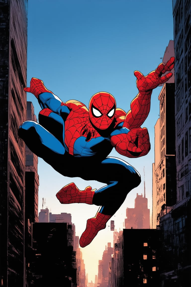 A vibrant comic book-inspired artwork features Marvel's iconic characters in a dazzling display of color and energy. Bright blue and red hues dominate the scene as Spider-Man swings into action, web-slinging his way across a cityscape at sunset. The framing captures the dynamic pose, with bold lines and sharp shadows adding depth to the composition. Lighting highlights the heroes' bright costumes, contrasting with the darkened city below.