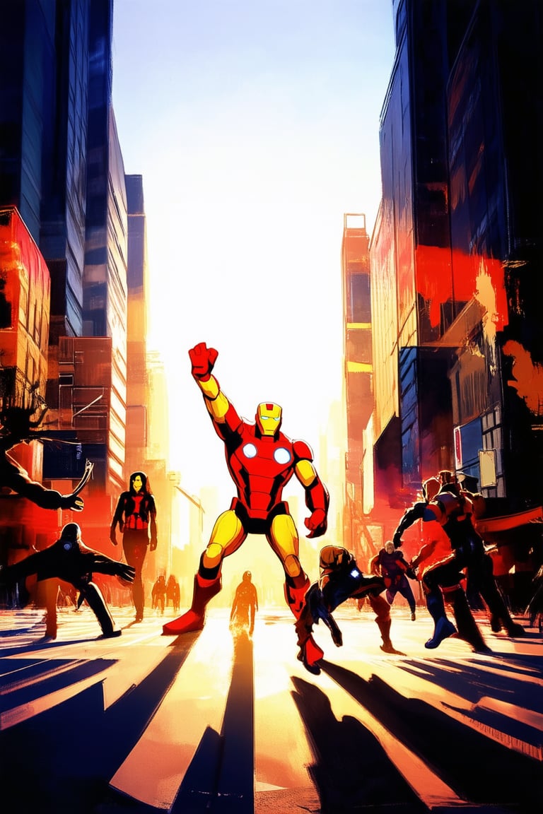 A vibrant Marvel-inspired scene: a bright, sunny day with a warm golden light casting long shadows across a bustling city street. The iconic logo of Marvel Comics emblazoned on a bold, colorful background, surrounded by dynamic action poses of beloved superheroes like Iron Man, Captain America, and Thor, all unified under the mantra Marvel Bright.