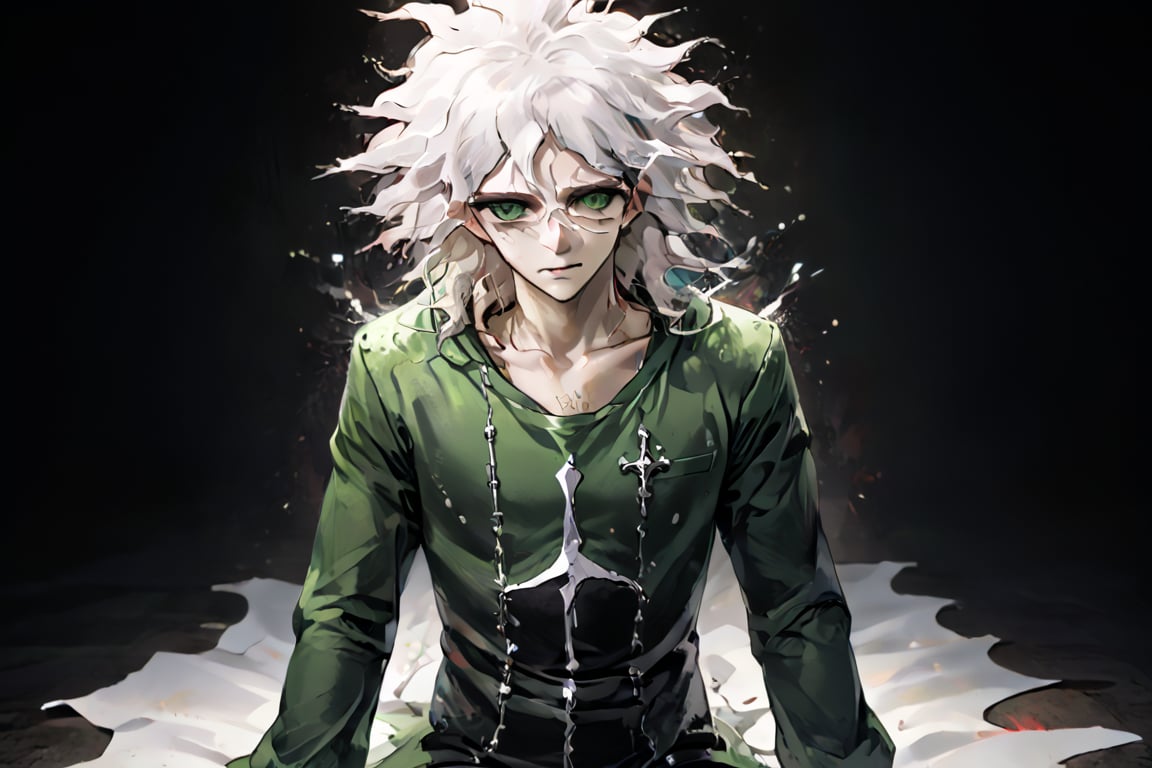 Masterpiece, High quality, best quality,ultra-high resolution, poster of a sexy  Prince, suffering,  burdened by the weight of a crown,  ]  in a  [ ], pissed_off,angry, bodysuit', eye angle view, ,dark anime, nagito_komaeda from danganronpa anime, white hair, green eyes, green butterfly's in backround, wonderland style, full body pic