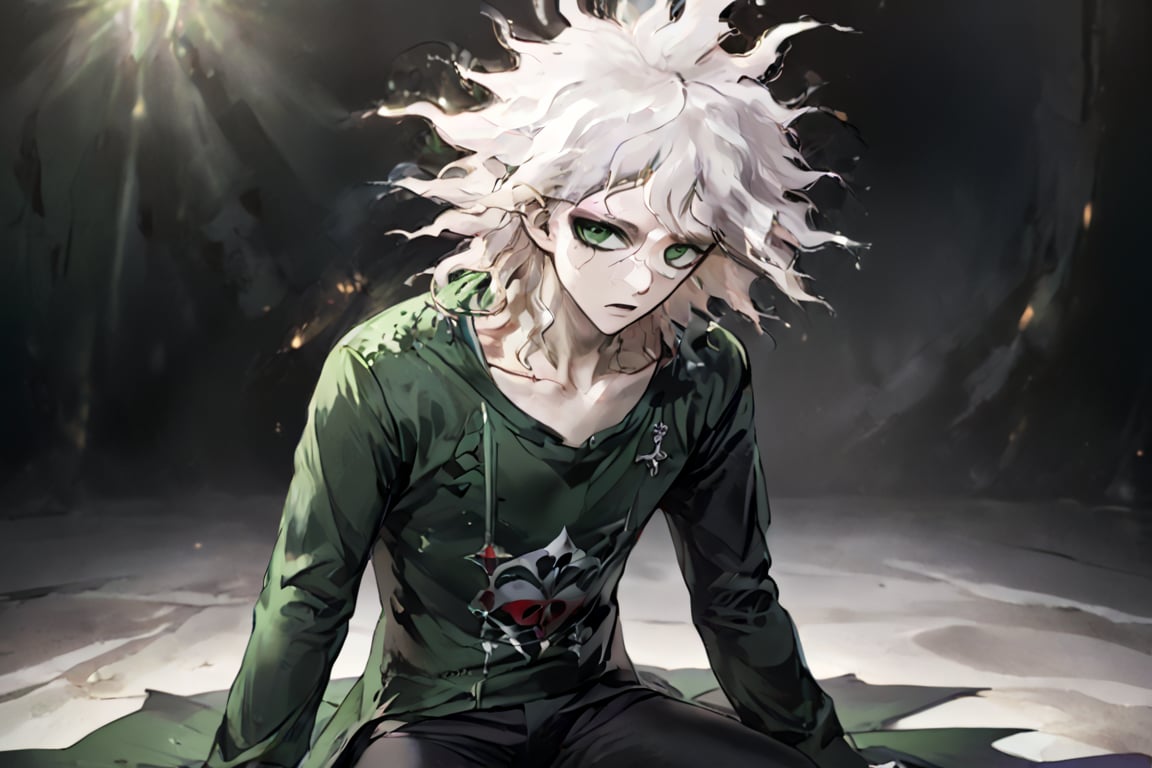 Masterpiece, High quality, best quality, poster of a sexy  Prince, suffering,  burdened by the weight of a crown,  ]  in a  [ ], pissed_off,angry, bodysuit', eye angle view, ,dark anime, nagito_komaeda from danganronpa anime, white hair, green eyes, green butterfly's in backround, wonderland style, full body pic