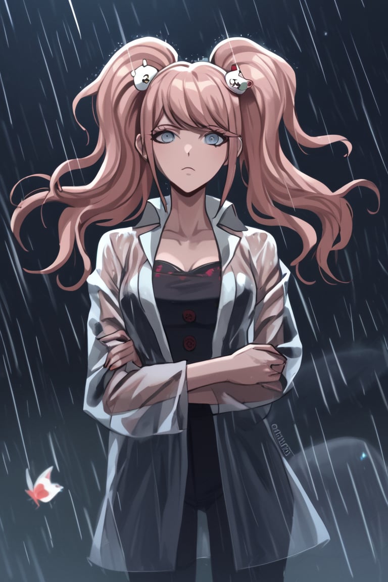  (perfect anatomy, perfect proportions, high definition, good colors, european, two young girls, masterpiece, best quality, the fir and the girl are very much in love, both are 16 years old. Under the rain, the girl wears a black raincoat and a pink miniskirt underneath, and the girl wears a blue red top and a white miniskirt, the girl is in the street at night ((by the bus station)) an extremely sad and emotional scene where she is about to break up with her lover, her hands part from each other, shooting from outside, woman about to be alone, rain, ((terminal mass)), soaked, distorted, both, facing the viewer, visible to the viewer, living night, shooting star, red butterflies, ghosts,score_9,score_8_up,score_7_up,source_anime,JUNKO ENOSHIMA,transparent raincoat