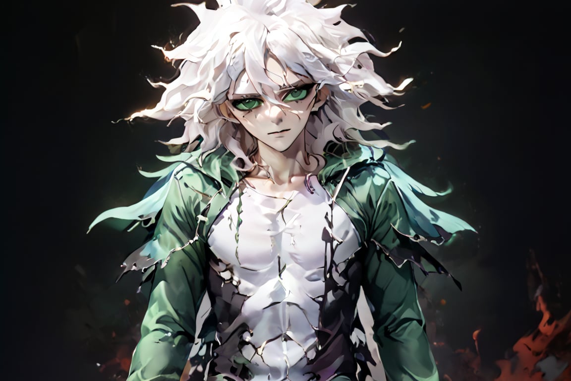 Masterpiece, High quality, best quality, good colors, ultra-high resolution, poster of a sexy  Prince, suffering,  burdened by the weight of a crown,  ]  in a  [ ], pissed_off,angry, bodysuit', eye angle view, ,dark anime, nagito_komaeda from danganronpa anime, white hair, green eyes, green butterfly's in backround, wonderland style, full body pic