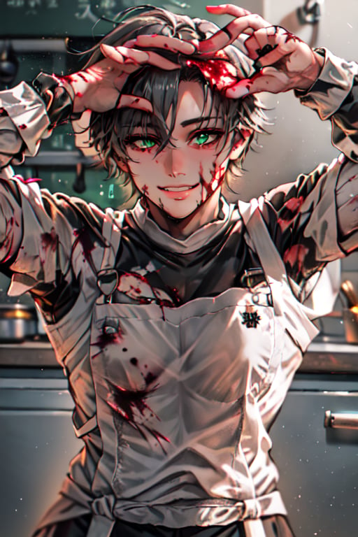 Cutie guilty smile, neon green lighting eyes, not T-shirt under bloody white apron, hk_girl, holding a big delicious bloody, meal dish with both hands, kitchen background, bloody walls, lot of human bones, loli, waifu,blurred background