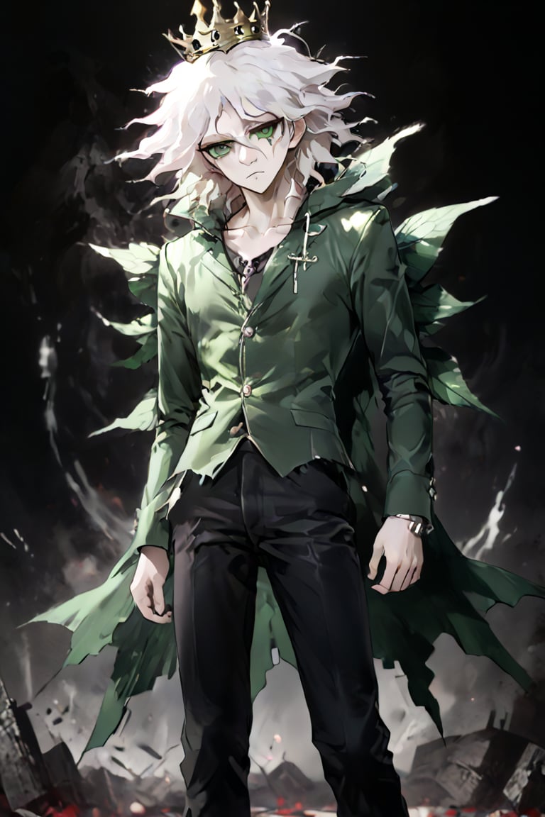 Masterpiece, High quality, best quality, poster of a sexy  Prince, suffering,  burdened by the weight of a crown,  ]  in a  [ ], pissed_off,angry, bodysuit', eye angle view, ,dark anime, nagito_komaeda from danganronpa anime, white hair, green eyes, green butterfly's in backround, wonderland style, full body pic