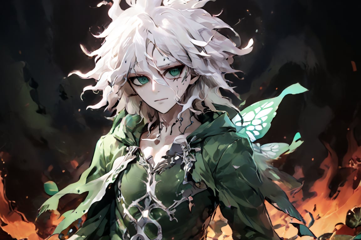 Masterpiece, high quality, best quality, good colors, ultra-high resolution,amazing quality, best aesthetic, absurdres, intricate details, detailed face, poster of a sexy  Prince, suffering,  burdened by the weight of a crown,  ]  in a  [ ], pissed_off,angry, bodysuit', eye angle view, ,dark anime, nagito_komaeda from danganronpa anime, white hair, green eyes, green butterfly's in backround, wonderland style, full body pic