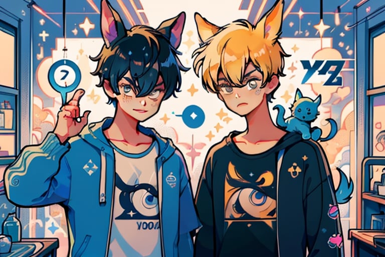 shot of two boys with short blonde hair and animal ears, posing together. One boy's hair falls across his left eye, giving him a mischievous look. The other boy wears a shirt that highlights his defined pectorals. Both boys have yellow eyes and a collarbone structure visible beneath their skin. A bell adorns each neck, drawing attention to the boys' unique features. The framing of the shot captures the boys from the chest up, with a slight angle to emphasize their facial expressions. Soft lighting illuminates their features, with a subtle glow around the bells adding a touch of whimsy. Speech bubbles above their heads add a playful tone to the scene.,Briefs,Underwear,Male underwear,kengo