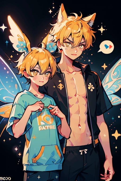 shot of two boys with short blonde hair and animal ears, posing together. One boy's hair falls across his left eye, giving him a mischievous look. The other boy wears a shirt that highlights his defined pectorals. Both boys have yellow eyes and a collarbone structure visible beneath their skin. A bell adorns each neck, drawing attention to the boys' unique features. The framing of the shot captures the boys from the chest up, with a slight angle to emphasize their facial expressions. Soft lighting illuminates their features, with a subtle glow around the bells adding a touch of whimsy. Speech bubbles above their heads add a playful tone to the scene.,Briefs,Underwear,Male underwear,kengo,fairy wings,TinkerWaifu,DonM0m3g4