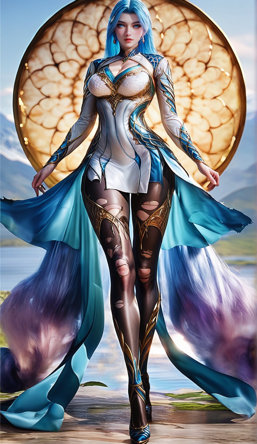 Extremely Realistic, score_6_up, score_7_up, score_8_up, score_9, (wangqiuer, full body shot, torn black pantyhose, high heels, standing, sexy pose, full body in front view direction, facing viewer, blue and white outfit with golden patterns and designs,high neckline and long sleeves, torn black pantyhose, high heels, standing, sexy pose, looking at viewer, mountainous forested shallow lake), (sexy pose:1.6)