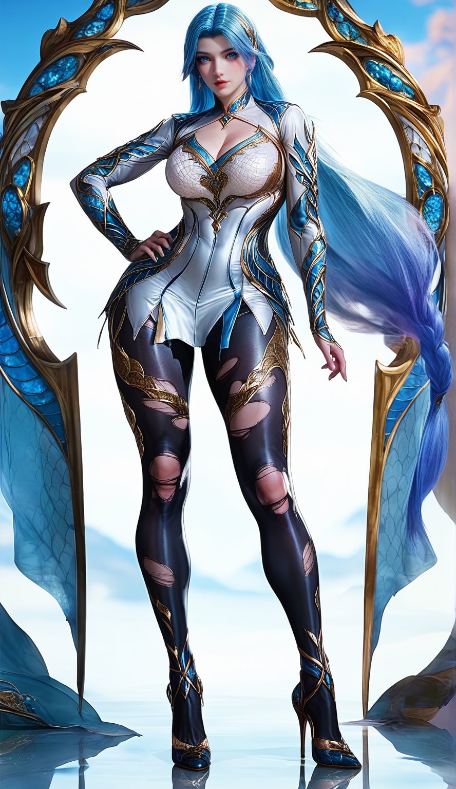 Extremely Realistic, score_6_up, score_7_up, score_8_up, score_9, (wangqiuer, full body shot, torn black pantyhose, high heels, standing, sexy pose, full body in front view direction, facing viewer, blue and white outfit with golden patterns and designs,high neckline and long sleeves, torn black pantyhose, high heels, standing, sexy pose, looking at viewer, mountainous forested shallow lake)