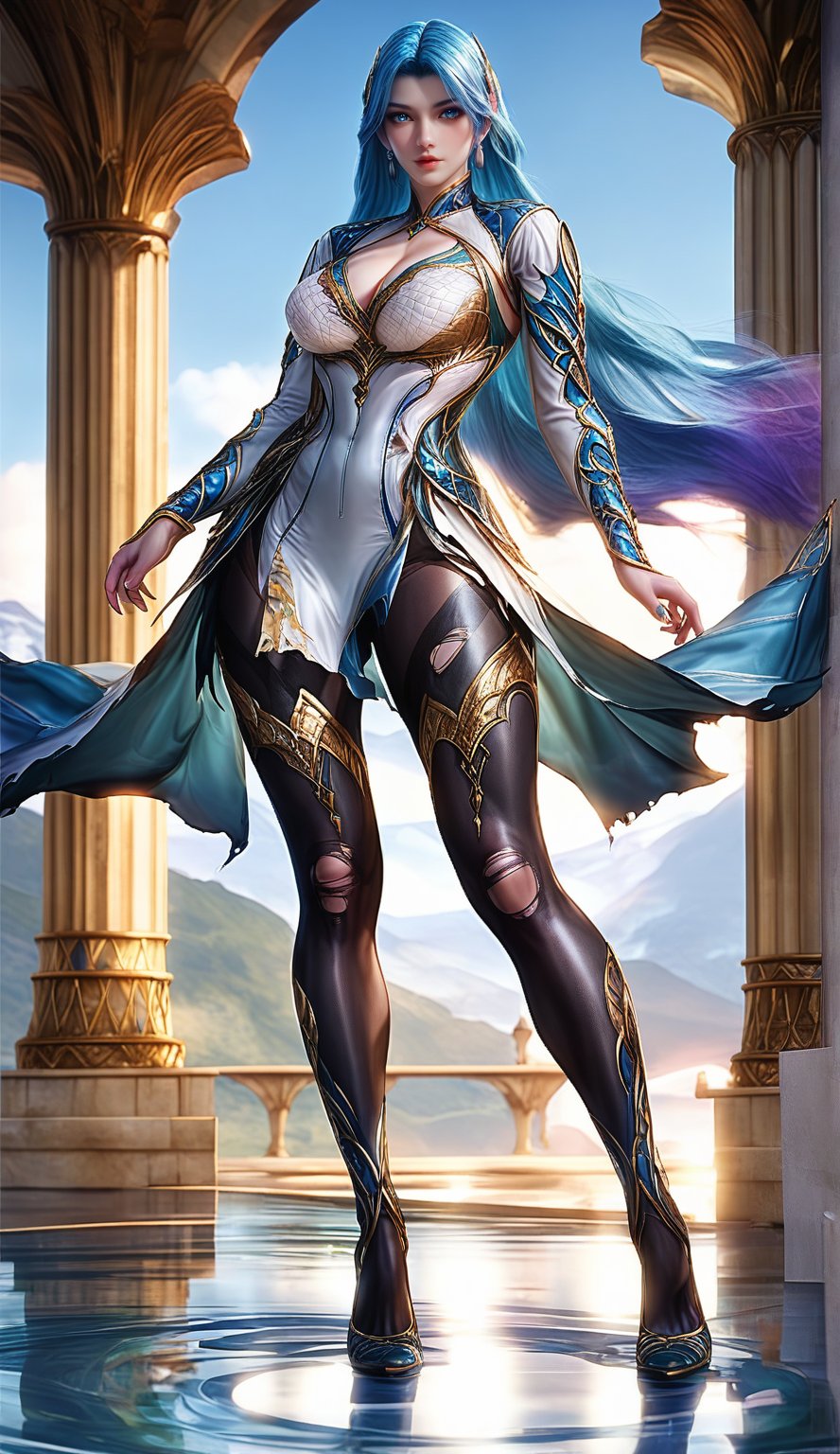 Extremely Realistic, score_6_up, score_7_up, score_8_up, score_9, (wangqiuer, full body shot, torn black pantyhose, high heels, standing, sexy pose, full body in front view direction, facing viewer, blue and white outfit with golden patterns and designs,high neckline and long sleeves, torn black pantyhose, high heels, standing, sexy pose, looking at viewer, mountainous forested shallow lake), (((sexy pose:1.6)))