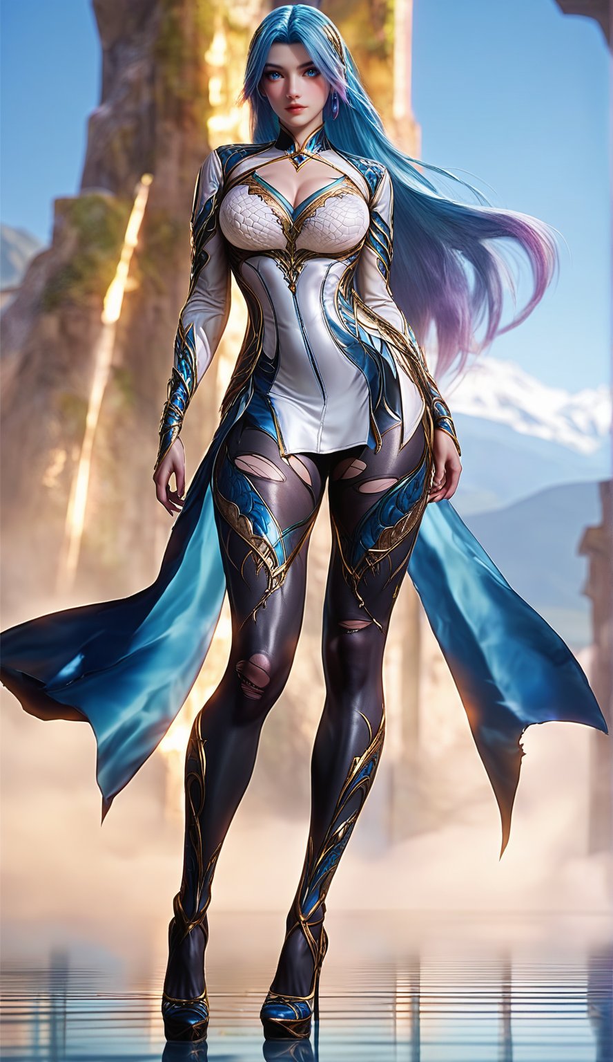 Extremely Realistic, score_6_up, score_7_up, score_8_up, score_9, (wangqiuer, full body shot, torn black pantyhose, high heels, standing, sexy pose, full body in front view direction, facing viewer, blue and white outfit with golden patterns and designs,high neckline and long sleeves, torn black pantyhose, high heels, standing, sexy pose, looking at viewer, mountainous forested shallow lake), (sexy pose:1.6)