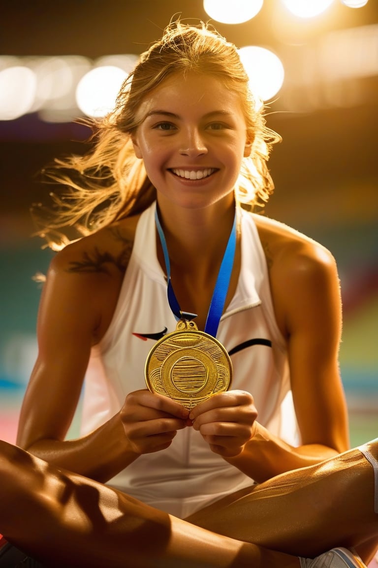 A close-up shot of a determined young woman, sitting confidently with her legs crossed and hands grasping an Olympic medal. Soft, golden light illuminates her face, highlighting her bright smile and gleaming eyes. The background is blurred, focusing attention on the subject's triumphant expression, as if she's about to accept congratulations from teammates or fans.