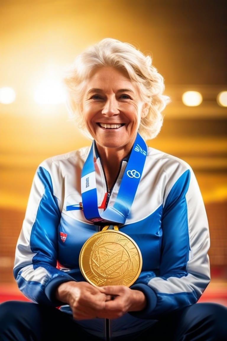 A close-up shot of a determined mature woman, sitting confidently with her legs crossed and hands grasping an Olympic medal. Soft, golden light illuminates her face, highlighting her bright smile and gleaming eyes. The background is blurred, focusing attention on the subject's triumphant expression, as if she's about to accept congratulations from teammates or fans.