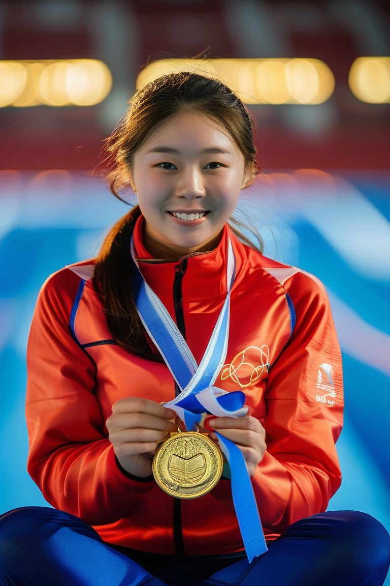 A close-up shot of a determined young korea woman, sitting confidently with her legs crossed and hands grasping an Olympic medal. Soft, golden light illuminates her face, highlighting her bright smile and gleaming eyes. The background is blurred, focusing attention on the subject's triumphant expression, as if she's about to accept congratulations from teammates or fans.