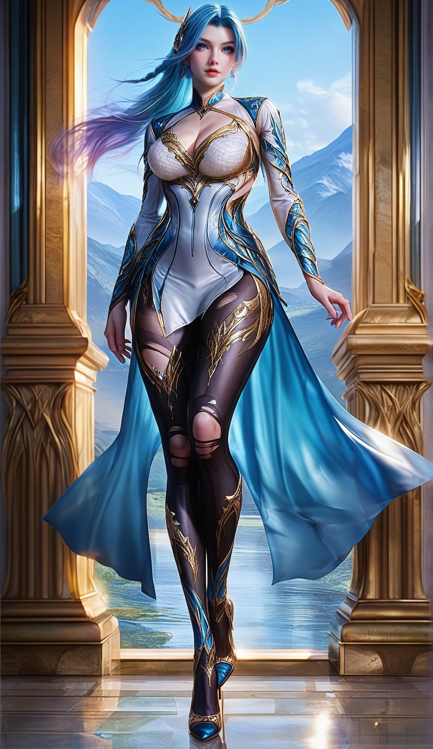 Extremely Realistic, score_6_up, score_7_up, score_8_up, score_9, (wangqiuer, full body shot, torn black pantyhose, high heels, standing, sexy pose, full body in front view direction, facing viewer, blue and white outfit with golden patterns and designs,high neckline and long sleeves, torn black pantyhose, high heels, standing, sexy pose, looking at viewer, mountainous forested shallow lake), (sexy pose:1.6)