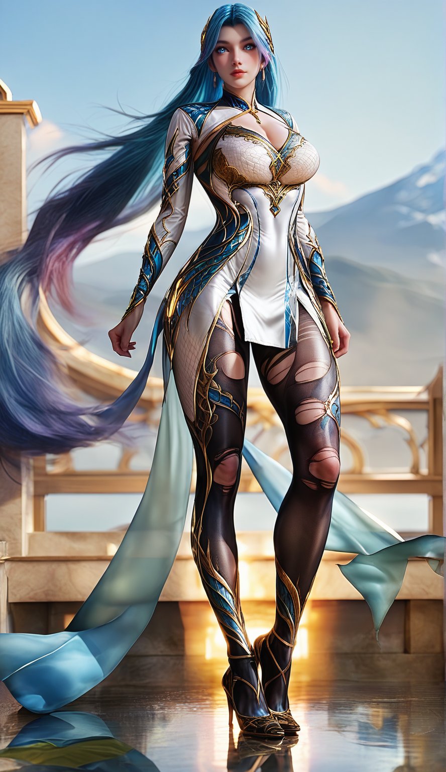 Extremely Realistic, score_6_up, score_7_up, score_8_up, score_9, (wangqiuer, full body shot, torn black pantyhose, high heels, standing, sexy pose, full body in front view direction, facing viewer, blue and white outfit with golden patterns and designs,high neckline and long sleeves, torn black pantyhose, high heels, standing, sexy pose, looking at viewer, mountainous forested shallow lake)