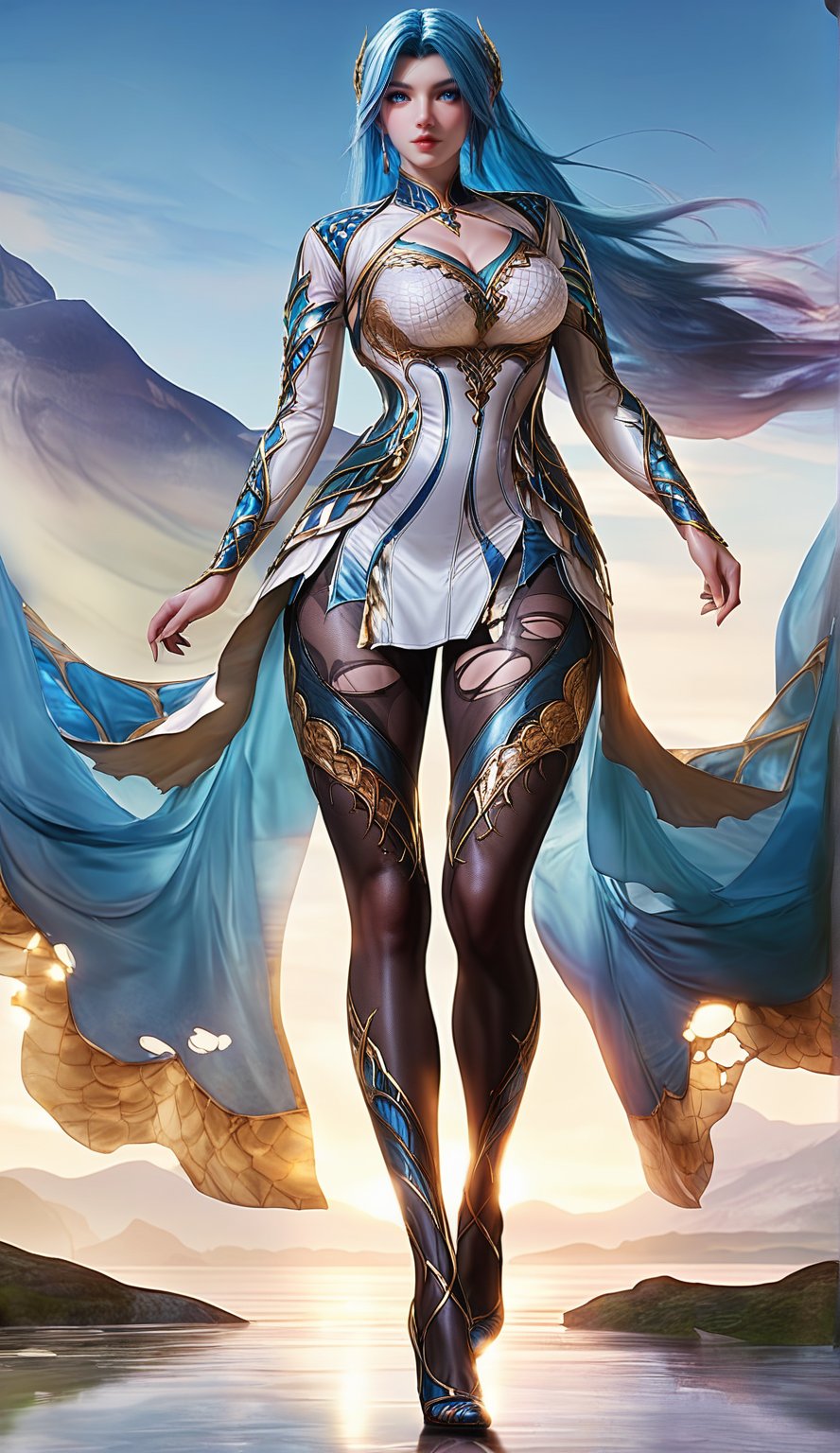 Extremely Realistic, score_6_up, score_7_up, score_8_up, score_9, (wangqiuer, full body shot, torn black pantyhose, high heels, standing, sexy pose, full body in front view direction, facing viewer, blue and white outfit with golden patterns and designs,high neckline and long sleeves, torn black pantyhose, high heels, standing, sexy pose, looking at viewer, mountainous forested shallow lake), (sexy pose:1.6)