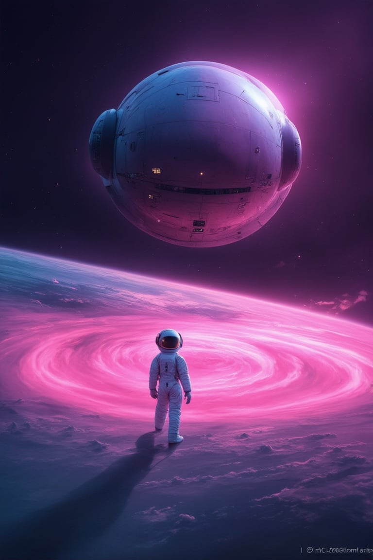 A futuristic spaceship floats in a swirl of pink gas against a deep purple background. The ship's metallic surface reflects a warm glow, casting a subtle gradient across the surrounding space. A few wispy clouds drift lazily by, illuminated by soft pinks and blues. In the foreground, a lone astronaut in a sleek white suit peers out at the viewer, their helmet's visor reflecting the vibrant hues of the environment.