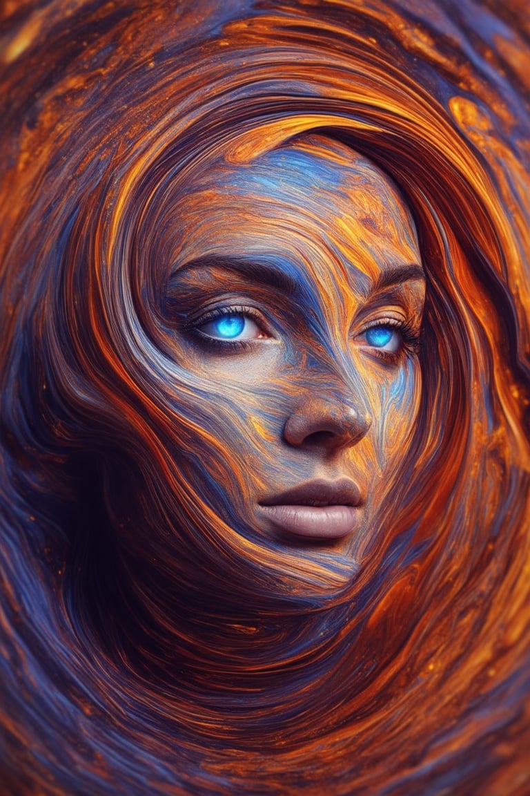 A vibrant, 3D-generated portrait of a face radiates with colorful intensity, surrounded by a kaleidoscope of swirling shapes and hues. The subject's features are rendered in precise, high-definition detail, with bright blue eyes sparkling like gemstones against a backdrop of warm golden skin. Soft, feathery textures and gradient transitions between colors create a sense of depth and dimensionality.