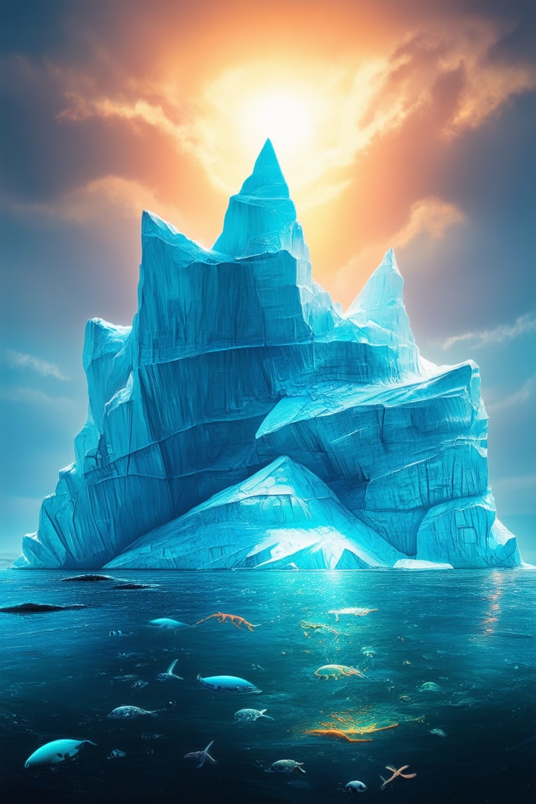 A majestic iceberg rises from the mystical depths of a dreamlike ocean, its crystalline peaks glistening with an ethereal glow under the soft light of a setting sun. The surrounding waters are dotted with iridescent sea creatures, adding to the surreal ambiance as the iceberg's rugged edges seem to defy the laws of reality.