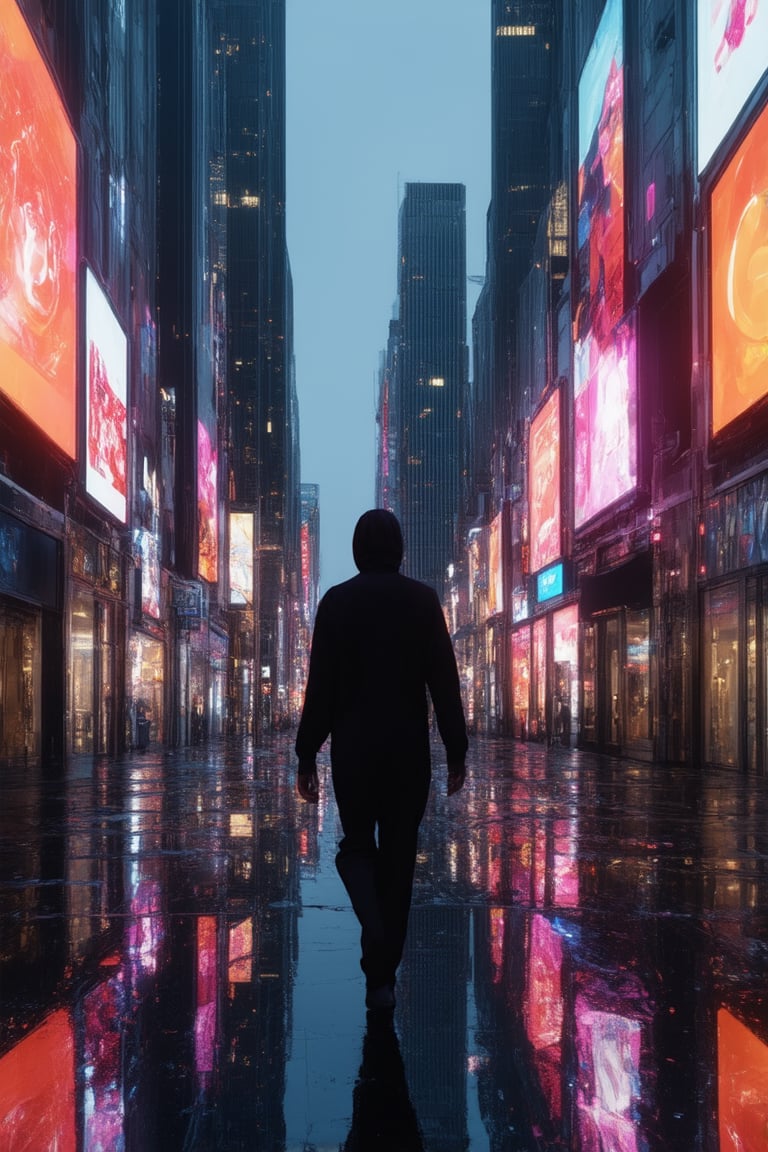 A futuristic cityscape at dusk, with holographic advertisements floating above the towering skyscrapers. The main street is bathed in a warm orange glow, while neon lights reflect off the wet pavement. A lone figure, dressed in a sleek black jumpsuit, walks towards the camera with a confident stride, their eyes fixed intently on some distant point. The holo signs and cityscape blur together, creating a sense of depth and dimensionality.