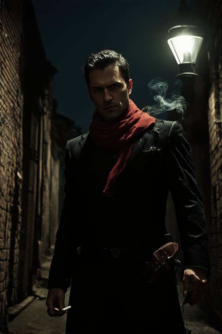 A dark hero standing in a dimly lit alleyway, the only light coming from flickering streetlamps casting long shadows across his brooding face. His suit is tattered and black as coal, with a red scarf wrapped loosely around his neck like a symbol of rebellion. One hand rests on the grip of a worn leather gun holster at his hip, while the other holds a cigarette, smoke curling up towards the dark sky like a whispered secret.