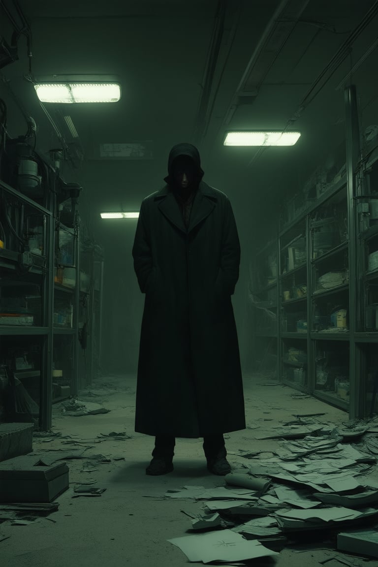 A dimly lit, abandoned laboratory at midnight. Flickering fluorescent lights cast eerie shadows on worn equipment and dusty shelves. In the center, a lone figure in a long coat stands amidst a whirlwind of scattered documents and broken machinery, their face obscured by the darkness, exuding an air of mystery and foreboding.