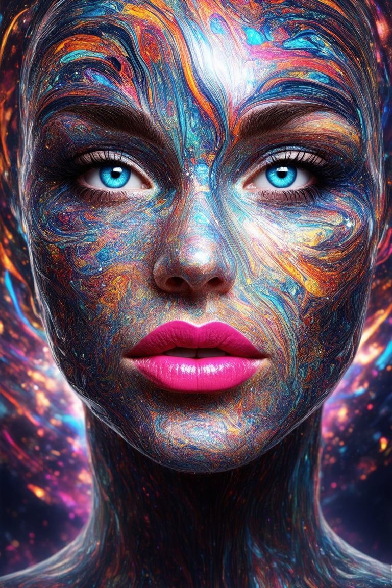 A vibrant, 3D rendering of a face with swirling colors and shapes, like a digital mosaic. The subject's features are exaggerated, with bright pink lips and sparkling blue eyes that seem to pop off the screen. A kaleidoscope of hues dances across their skin, creating a mesmerizing optical illusion. Framed by a subtle, glowing aura, this futuristic portrait seems to leap from the screen.