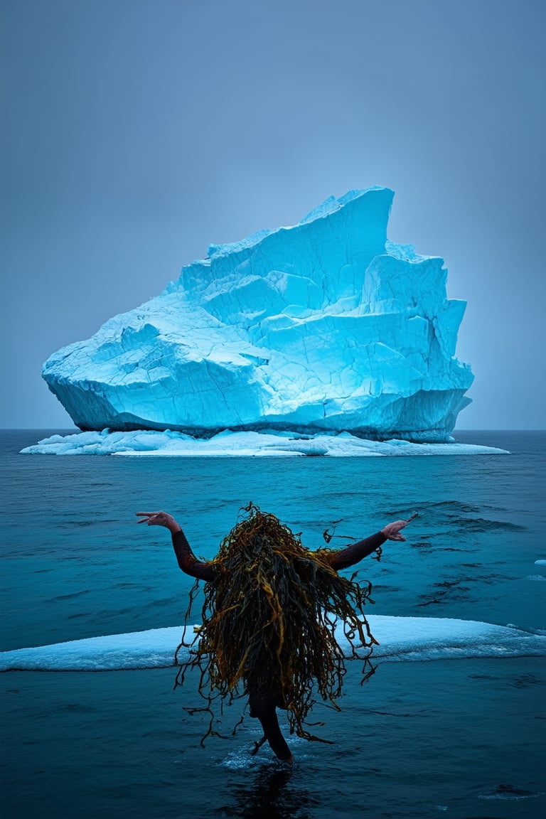 A majestic iceberg rises from a mystical sea, its crystalline spires piercing the sky like shards of divine essence. The surrounding mist shrouds the horizon, casting an ethereal glow on the frozen giant's rugged surface. In the foreground, delicate seaweed strands dance with the whispers of ancient secrets, as if beckoning adventurers to uncover the iceberg's hidden treasures.