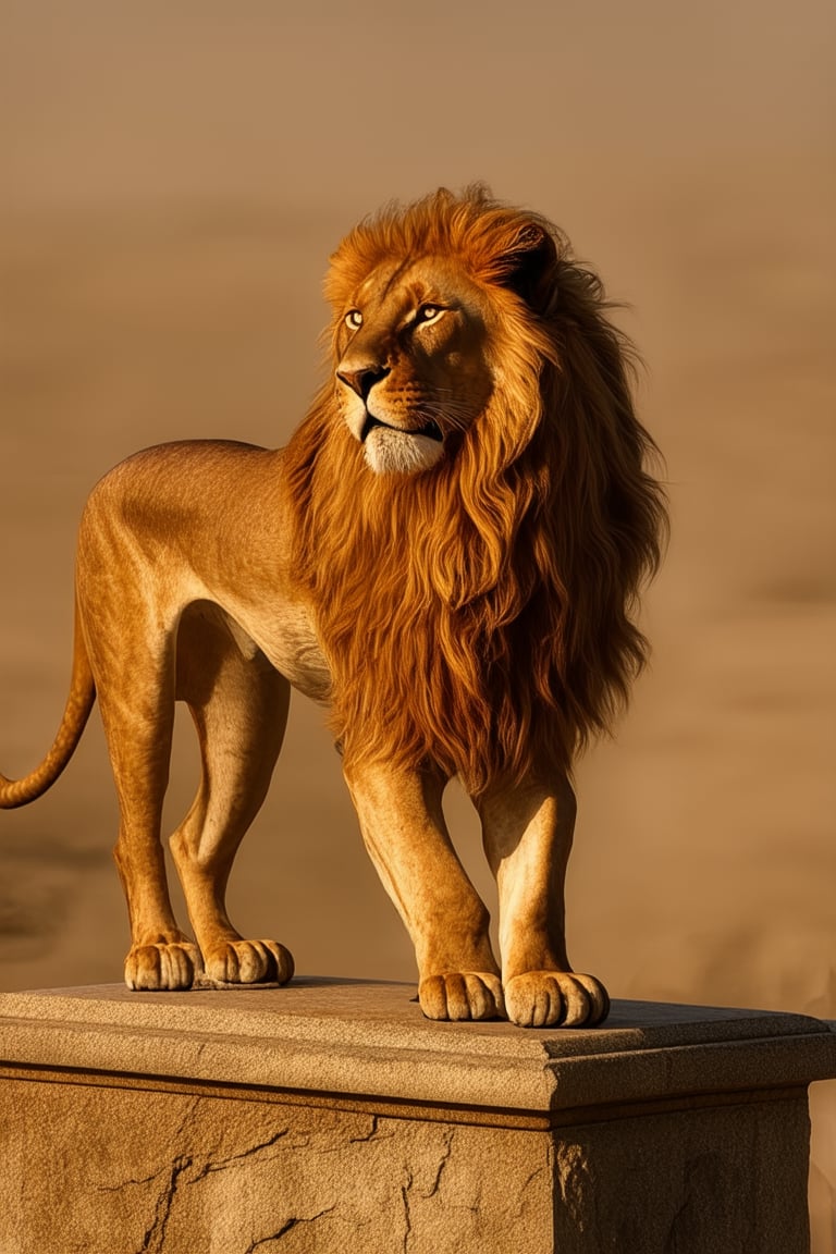 A majestic golden lion stands proudly atop a worn stone pedestal, sunlight casting a warm glow on its regal mane and tawny coat, as if lit by an ancient legend. The camera frames the majestic creature from a low angle, emphasizing its dominance over the dusty landscape.