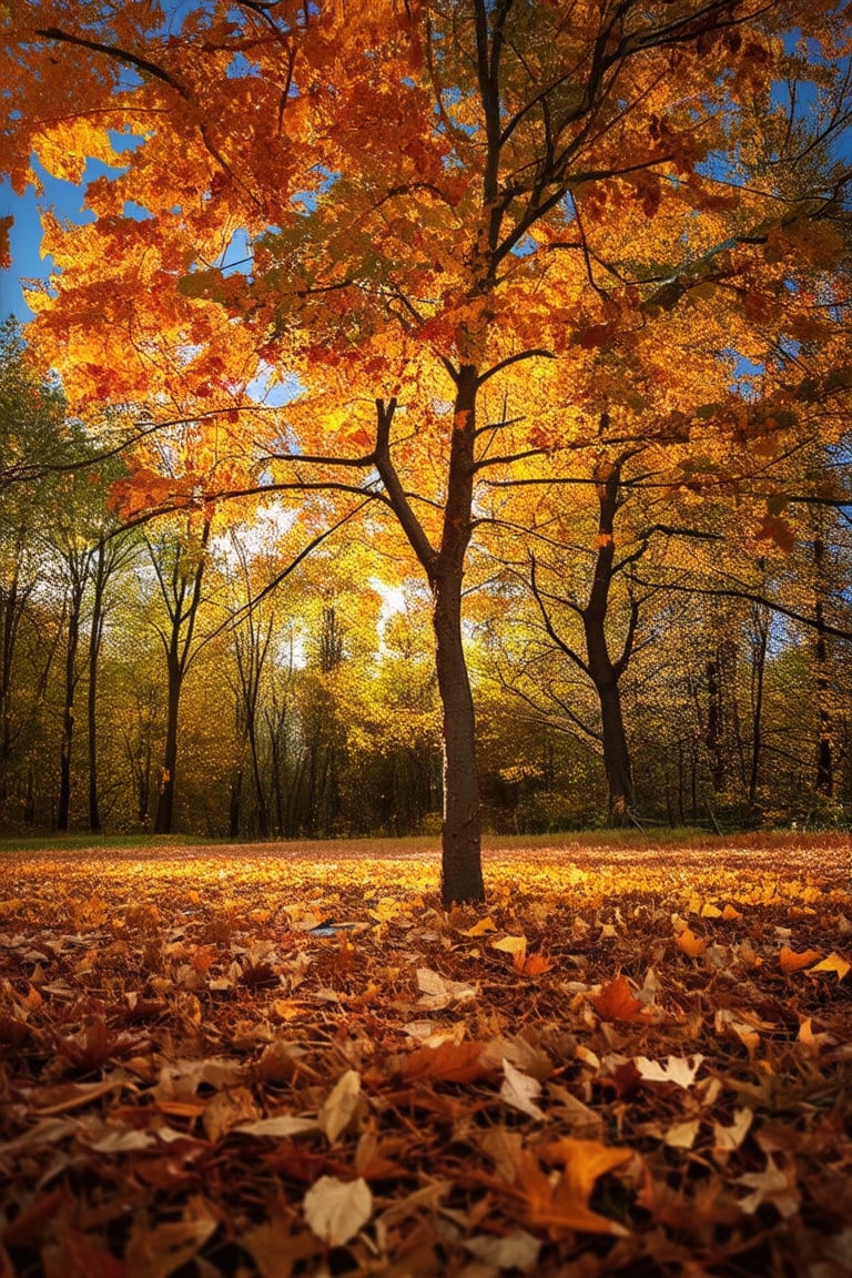 A warm golden light envelops a serene autumn forest scene, where leaves of burnt orange, rust, and amber carpet the ground. A lone tree stands tall, its branches etched against the bright blue sky. In the foreground, a soft focus captures the gentle rustle of fallen leaves.