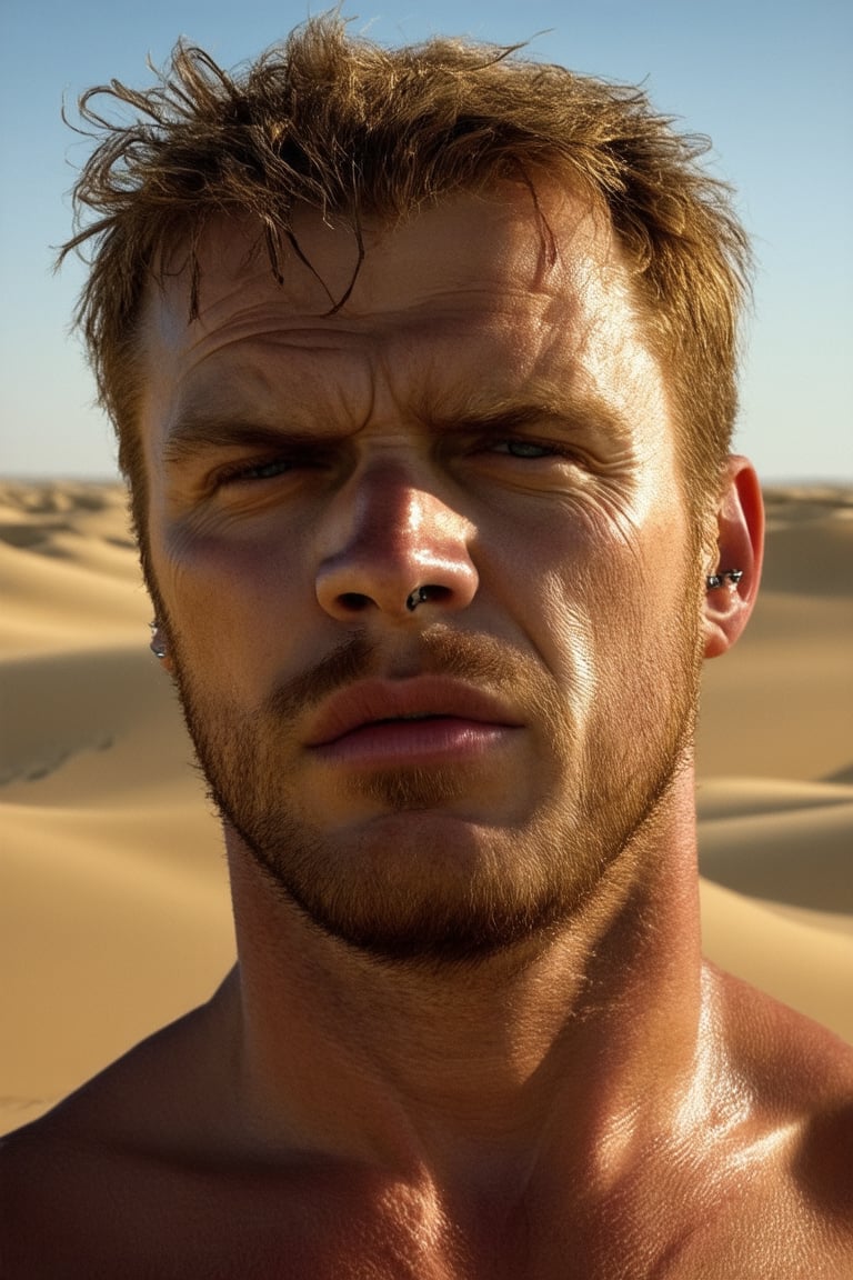 A close-up shot of Jericho's rugged face, illuminated by warm desert sunlight. His piercing gaze, framed by a messy beard and furrowed brow, conveys determination. The camera captures the creases on his forehead as he squints, gazing out at the endless dunes stretching before him.