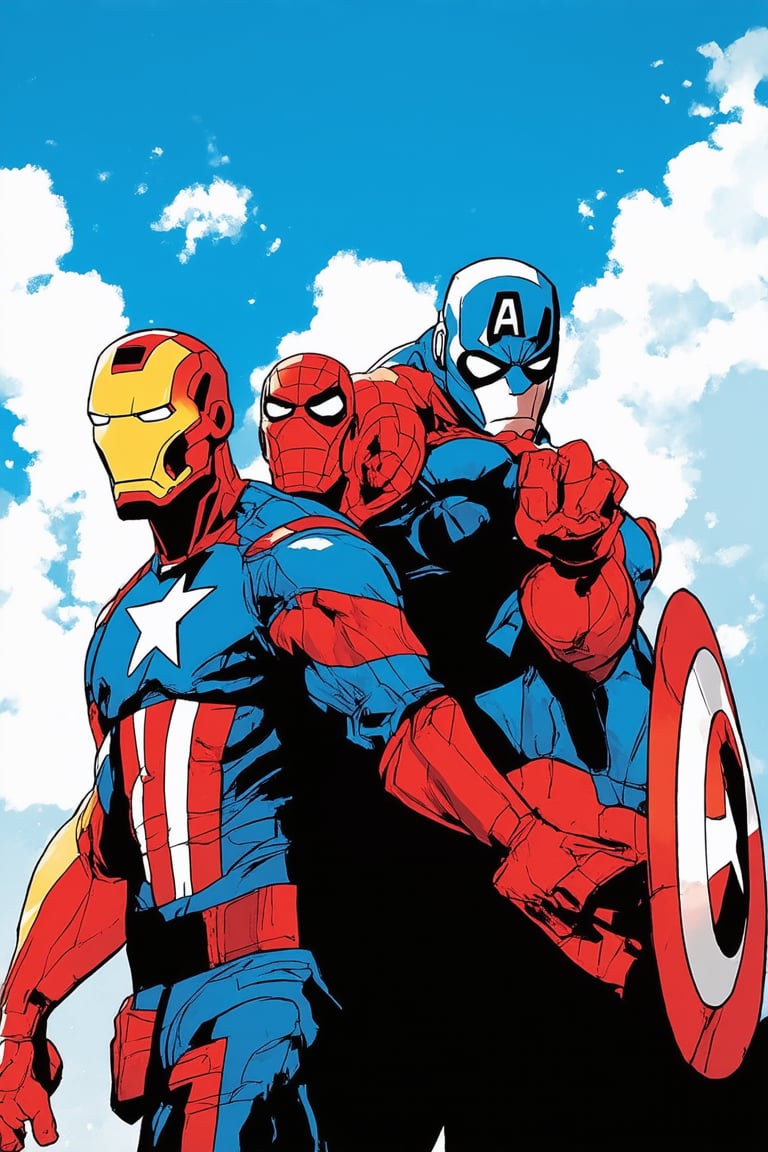 A vibrant comic book-inspired artwork featuring Marvel characters in a bright, bold color scheme. A dynamic shot captures Iron Man, Captain America, and Spider-Man standing back-to-back, shield at the ready, against a brilliant blue sky with wispy clouds. Lighting is warm and intense, casting dramatic shadows on their determined faces. Composition showcases the trio's unity and strength as they prepare to face an unseen threat. The bright tone evokes a sense of excitement and hope.