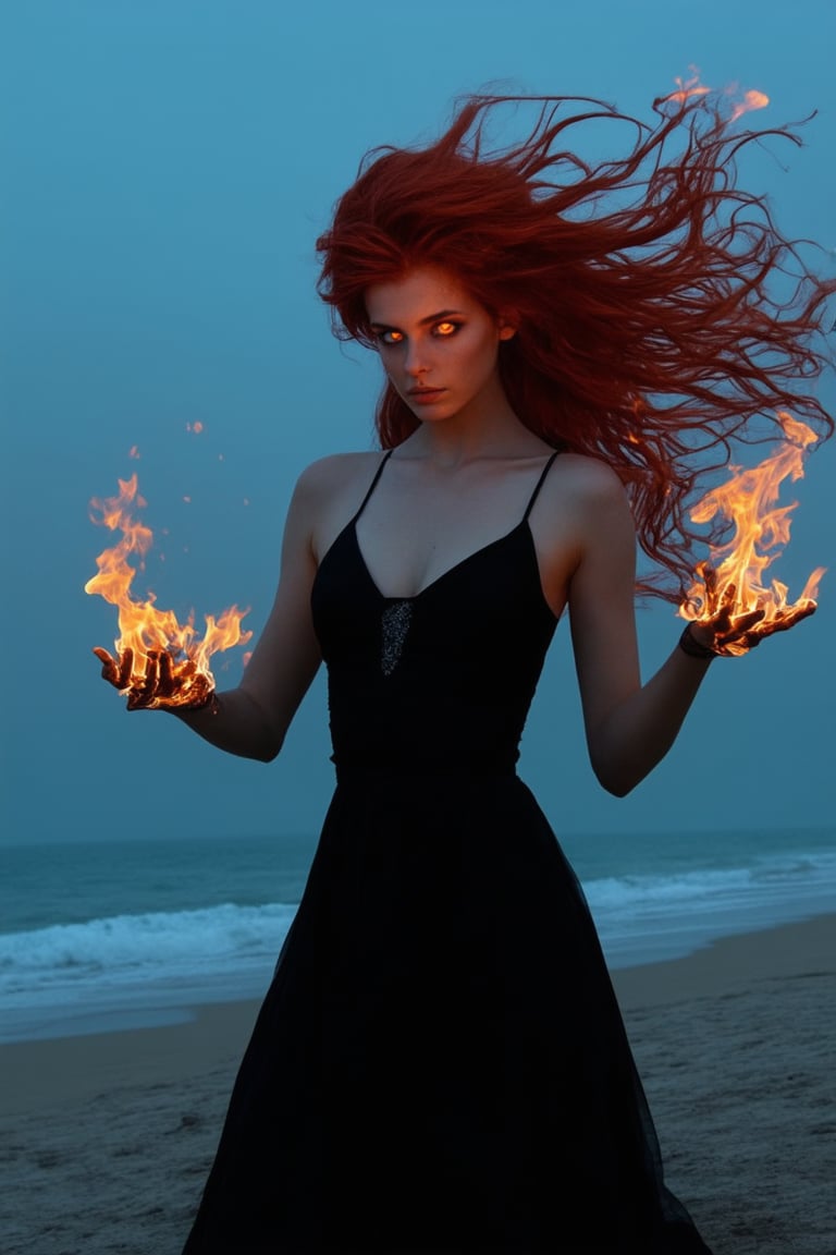 A sultry sorceress poses on a misty, moonlit beach, her fiery locks ablaze with an otherworldly glow. Her eyes burn like hot coals as she summons the darkness, her hands weaving intricate patterns to conjure forth demonic energies. The framing is tight, focusing on her enigmatic gaze and crimson hair, set against the eerie, atmospheric backdrop of sea and sky.