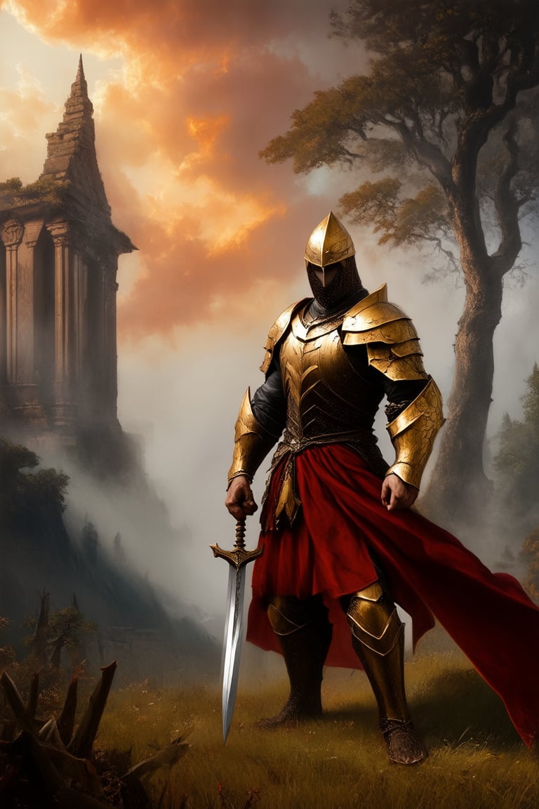 Epic fantasy scene: A legendary warrior stands majestically in a misty valley, sword in hand, surrounded by ancient ruins and towering trees. Framed against a fiery sunset sky, the warrior's golden armor glows with an otherworldly light. Softly lit, the atmosphere is mystical, as if the very fabric of time is bending to reveal this legendary hero.