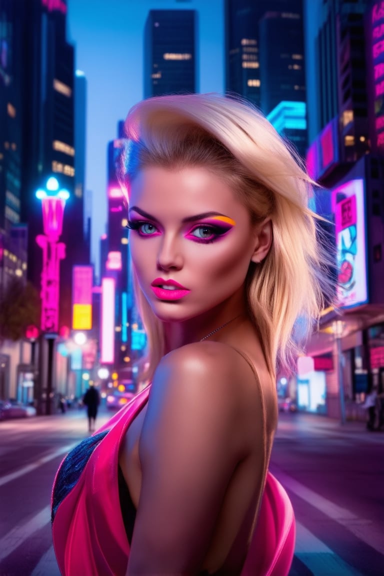 A vibrant 80s-inspired beauty scene: a radiant blonde model with bold, bright pink lips and dramatic eye makeup poses seductively against a neon-lit cityscape at dusk. Flickering streetlights reflect off her gleaming highlights as she strikes a confident pose, surrounded by retro-futuristic skyscrapers and bustling streets.