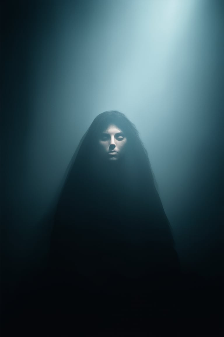 A mysterious figure emerges from the shadows, surrounded by an aura of darkness. The camera frames a close-up shot, highlighting the subject's ethereal beauty as they gaze into the void. Soft, eerie lighting illuminates their features, casting long shadows across their face. The background is a deep, foreboding darkness, further accentuating their otherworldly presence.