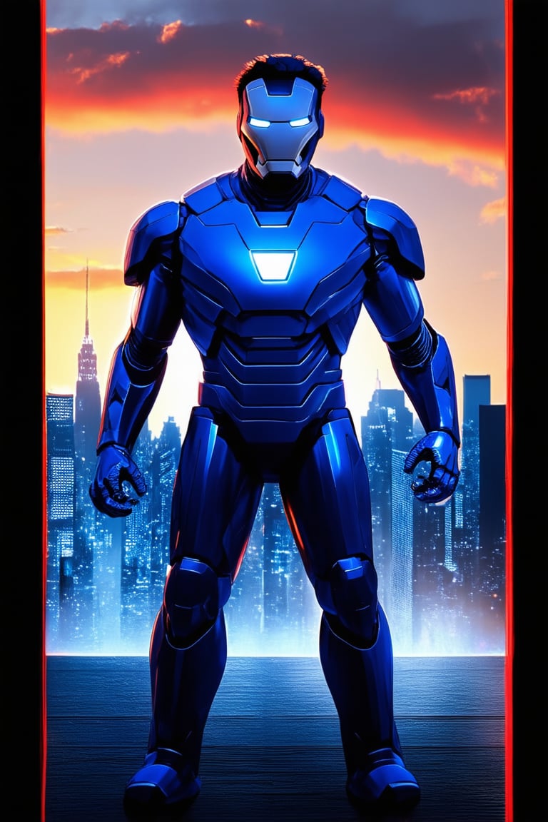 A vibrant, electric blue glow surrounds Iron Man's iconic suit as he stands heroically in front of a cityscape at dusk. The bright, bold color scheme captures the essence of Marvel's brightest hero. Framed by a dramatic sky with hues of crimson and gold, Tony Stark's confident pose exudes confidence and determination.