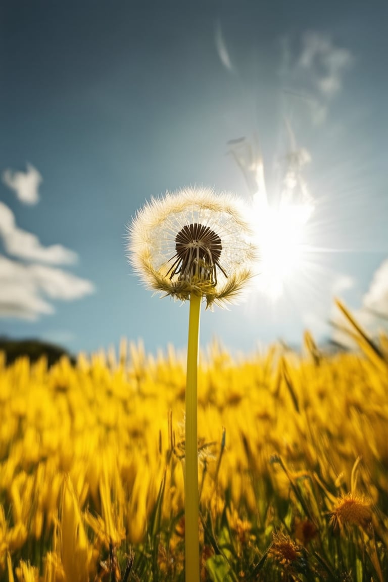 A vibrant yellow hue dominates this frame, with warm tones radiating from a bright sunlit field. A single bright dandelion stands tall, its delicate petals shimmering in the sunlight. The camera's perspective is low-angle, looking up at the daisy, emphasizing its stature. Soft, feathery clouds drift lazily across the sky, adding to the serene atmosphere.