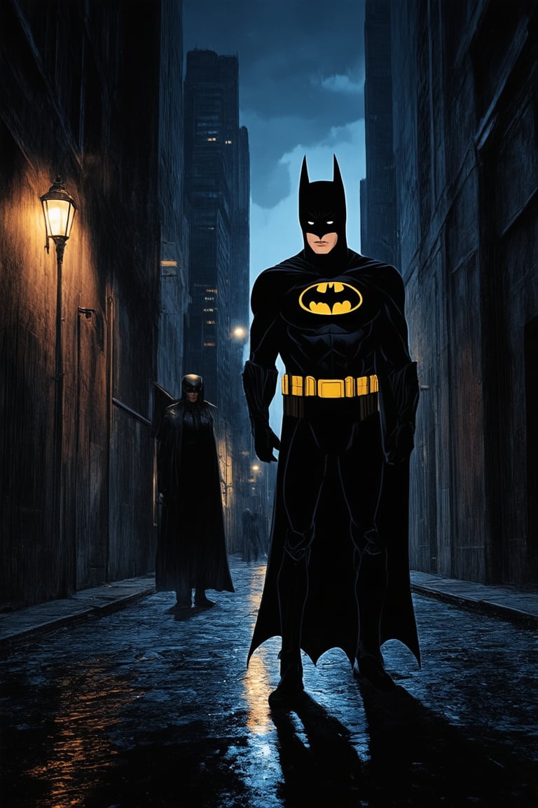 A dark alleyway at dusk, lit by flickering streetlights, sets the stage for a gritty DC Comics scene. The Justice League logo shines like a beacon on the wall behind them. Batman stands tall, his eyes fixed intently on the mysterious figure lurking in the shadows. The city's neon lights cast a gaudy glow on the wet pavement as the heroes prepare to face off against an unknown threat.