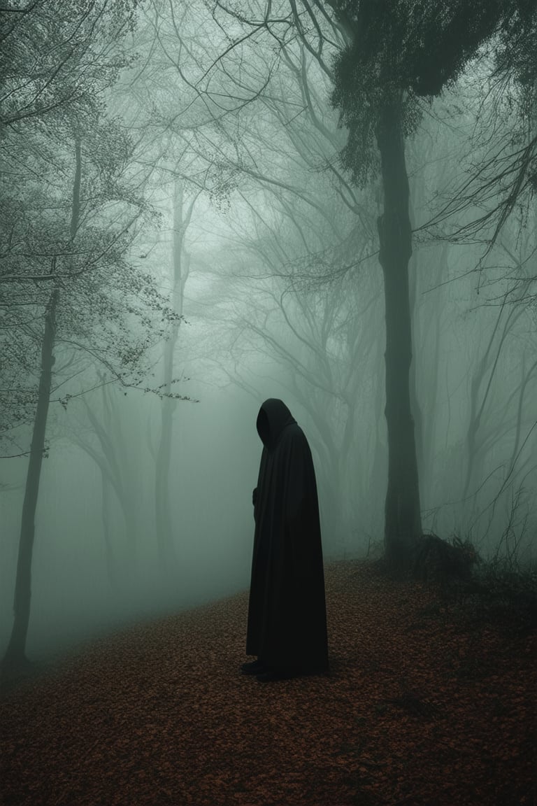 A dimly lit, eerie atmosphere prevails as a figure cloaked in shadows stands at the edge of a mist-shrouded forest, the only sound being the soft rustling of leaves beneath their feet. The air is heavy with anticipation and secrets.