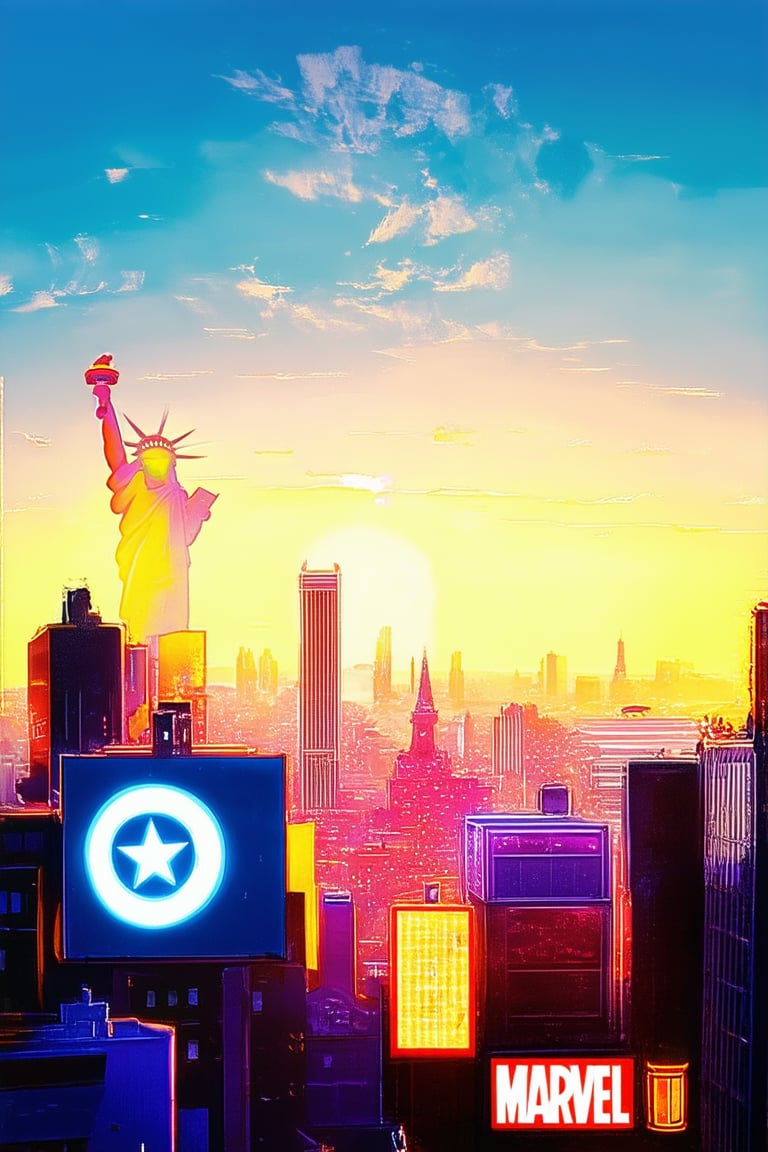 Vibrant cityscape at dusk with iconic Marvel logos and characters in bold, neon-lit colors. A dynamic composition of glowing symbols and action-packed scenes frame a bright blue sky, with the Statue of Liberty standing tall in the distance, symbolizing freedom and heroism.