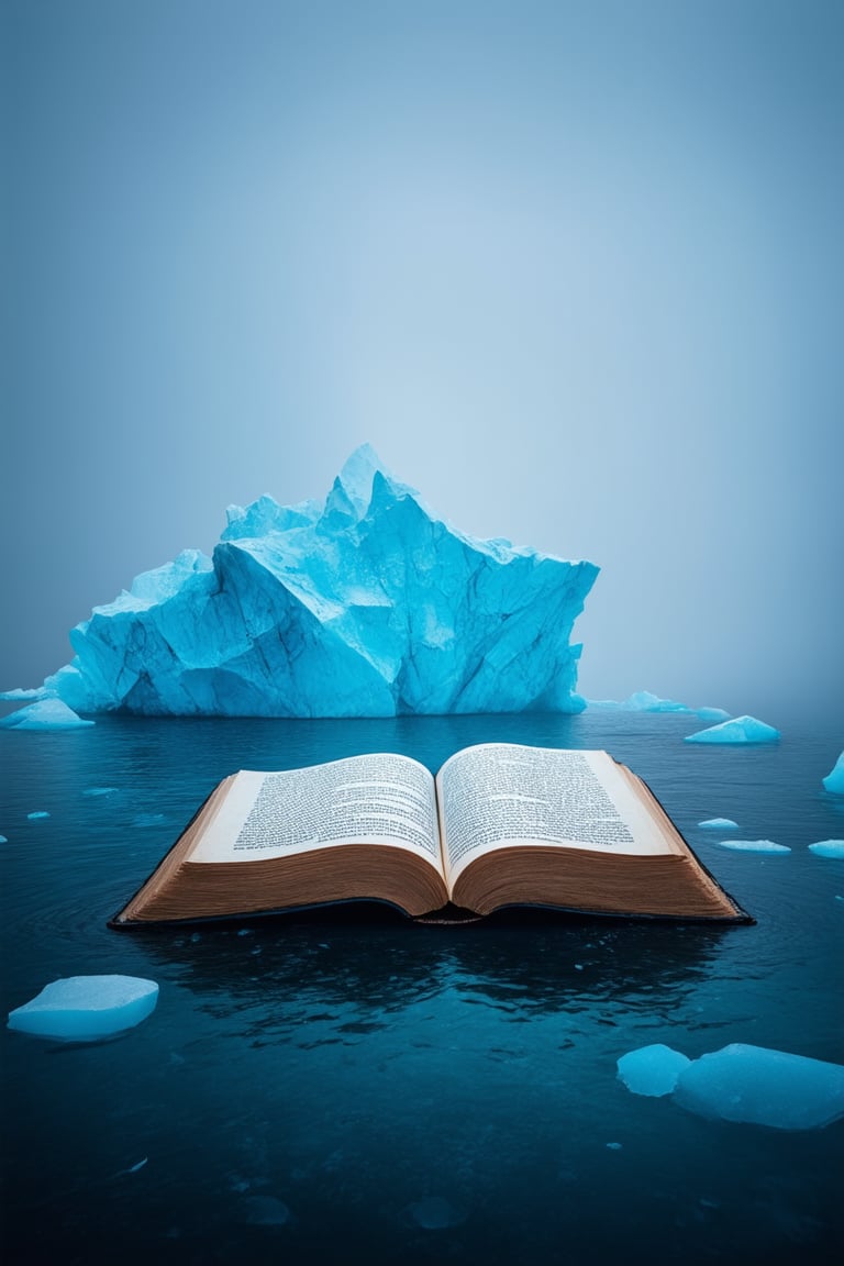 A majestic, iridescent blue iceberg rises from the misty veil of a mystical, dreamlike lake. The camera frames the shot with a soft focus on the foggy atmosphere, while the lighting is moody and eerie, with shafts of ethereal light piercing through the clouds. In the foreground, a delicate, crystalline structure emerges from the icy surface, as if beckoning the viewer to explore its secrets. The subject, an ancient, weathered book, lies open on the iceberg's edge, its pages whispering tales of forgotten lore.