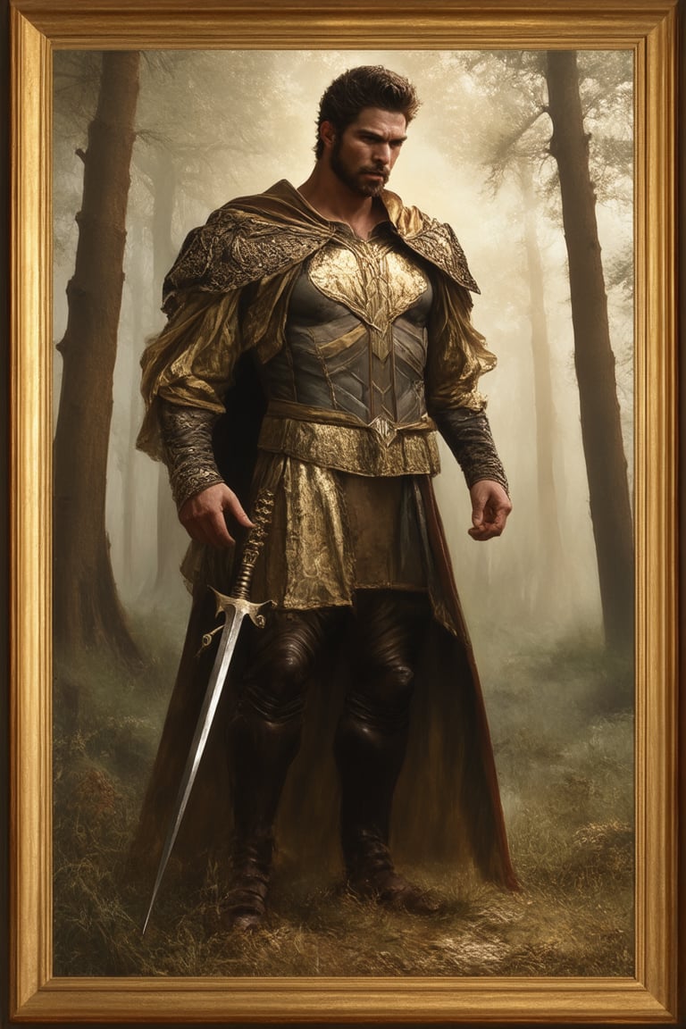 A legendary figure emerges from a misty, ancient forest, bathed in warm, golden light. The iconic hero stands tall, dressed in regal attire, with a sword at their side and a determined gaze. Framed by towering trees, the composition draws the viewer's eye to the heroic subject. A subtle sense of mystique surrounds this timeless, mythic legend.