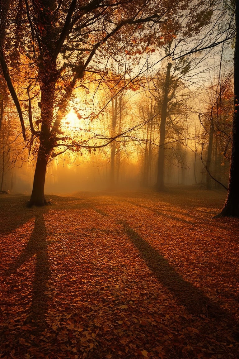 A serene autumn landscape: a golden light casts long shadows across crunchy leaves scattered on the forest floor, as a lone tree stands tall amidst a tapestry of warm hues, its branches stretching towards the misty horizon.