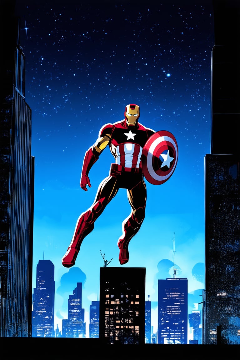 A bright and bold illustration of Marvel's iconic characters in a vibrant, electric blue hue, set against a dramatic cityscape at dusk with towering skyscrapers and twinkling lights. Iron Man stands proudly on the rooftop, while Captain America leaps through the air, shield glowing bright red. The dark night sky is dotted with stars as the city hums with energy.