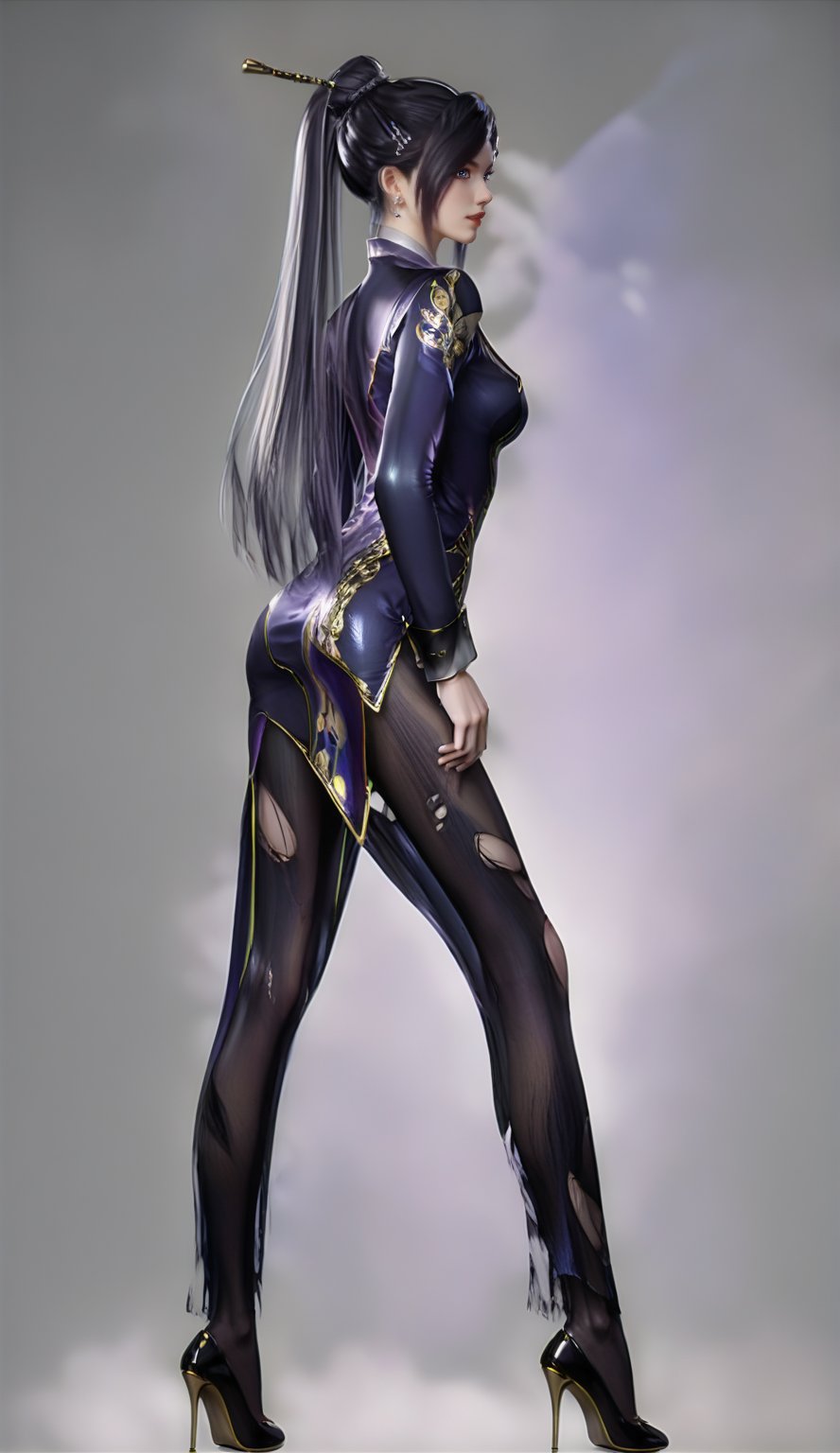 Extremely Realistic, score_6_up, score_7_up, score_8_up, score_9, (zhouyi, bunny hair, hair bun, updo hair, full body shot, long slender legs, torn black pantyhose, high heels, standing, full body in side view direction, facing viewer, black and white outfit with golden patterns and designs,high neckline and long sleeves, long slender legs, torn black pantyhose, high heels, looking at viewer,the overall scheme of the image is predominantly natural mountainous environment,with hints of purple and pink,the image has a dreamy,ethereal quality,with a sense of depth and mystery,)