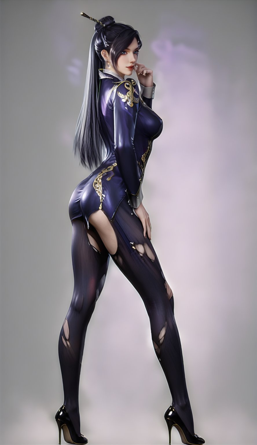 Extremely Realistic, score_6_up, score_7_up, score_8_up, score_9, (zhouyi, bunny hair, hair bun, updo hair, full body shot, torn black pantyhose, high heels, standing, full_body spot, full body in side view direction, facing viewer, black and white outfit with golden patterns and designs,high neckline and long sleeves, torn black pantyhose, high heels, looking at viewer,the overall scheme of the image is predominantly natural mountainous environment,with hints of purple and pink,the image has a dreamy,ethereal quality,with a sense of depth and mystery,)