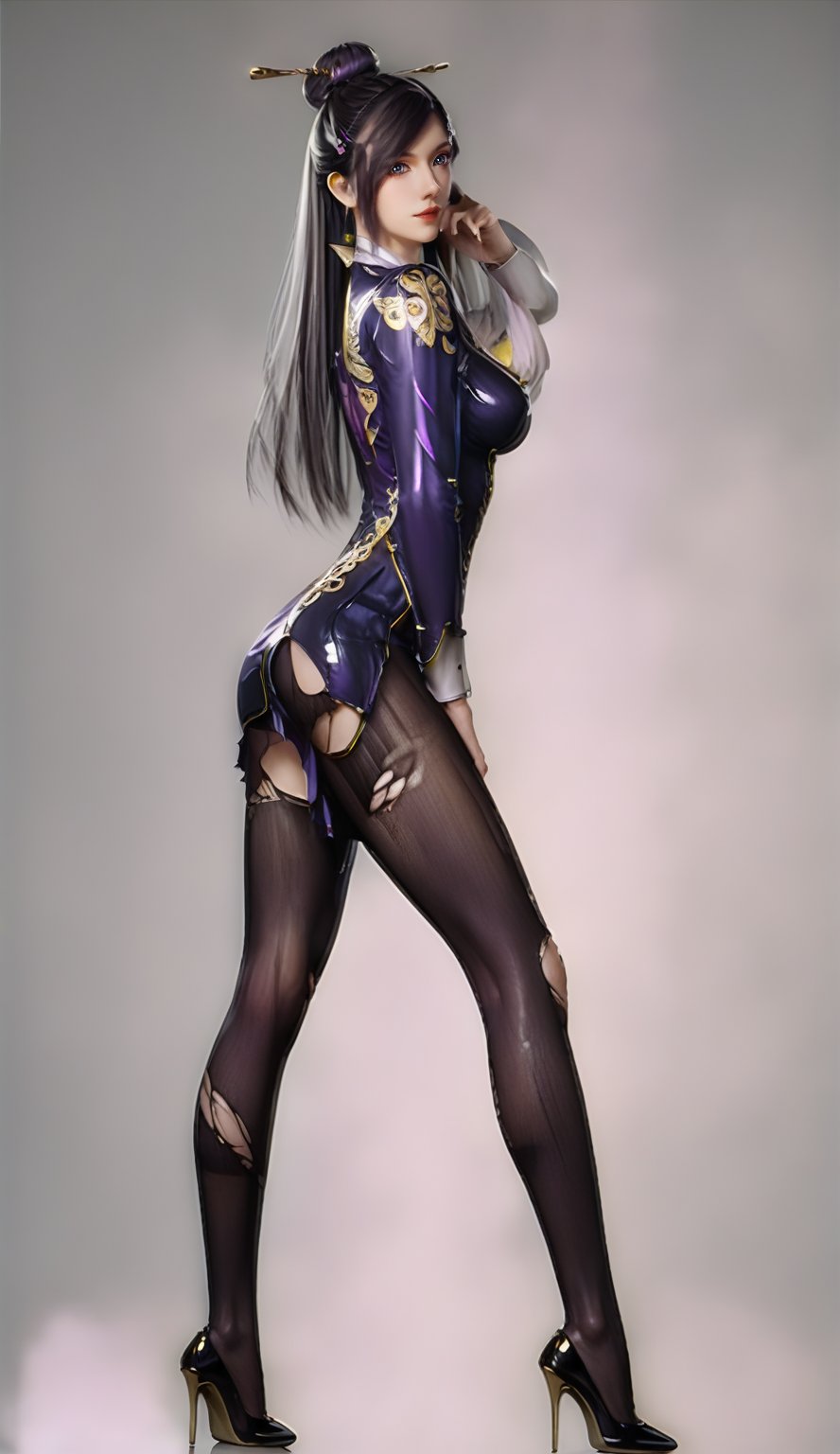 Extremely Realistic, score_6_up, score_7_up, score_8_up, score_9, (zhouyi, bunny hair, hair bun, updo hair, full body shot, long slender legs, Long Legs and Hot Body, torn black pantyhose, high heels, standing, full body in side view direction, facing viewer, black and white outfit with golden patterns and designs,high neckline and long sleeves, long slender legs, Long Legs and Hot Body, torn black pantyhose, high heels, looking at viewer,the overall scheme of the image is predominantly natural mountainous environment,with hints of purple and pink,the image has a dreamy,ethereal quality,with a sense of depth and mystery,)